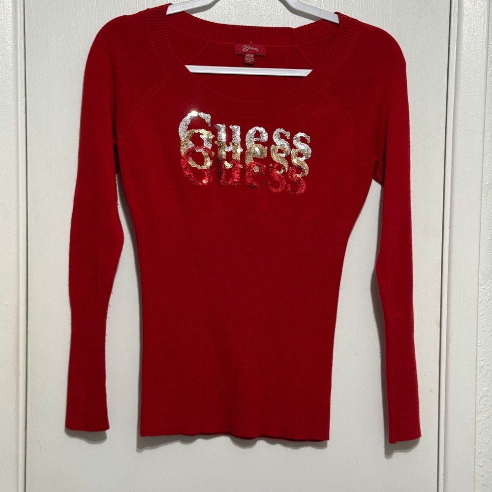 Vintage Guess Red Sequin Logo Knit Sweater Long Sleeve Ribbed Y2K Top
